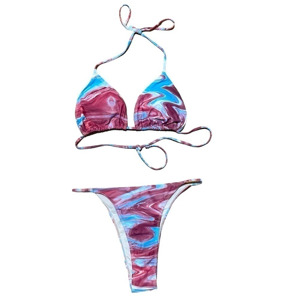 Women's Marble Print Swimsuit Halter Triangle Bikini Set High Cut Bathing Suit
